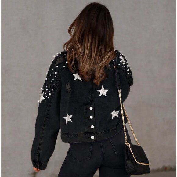 Black Embroidered Oversized Distressed‎ Pearl Beaded Crop Denim Jean Jacket Coat - Picture 5 of 9